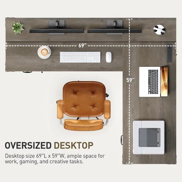 Alt view image 4 of 5 - 69" Executive L Shaped Desk with Drawer, Home Office Desk with Charging Station, Corner Computer Desk with Monitor Stand, File Drawer, Storage Cabinet, Greige