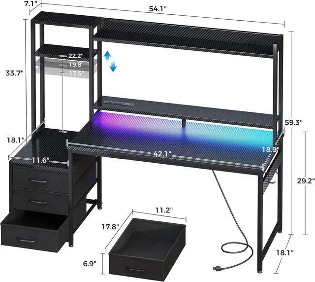Alt view image 2 of 6 - 55 Inch Gaming Desk with Hutch & LED Lights & PC Tower Stand | Reversible PC Desk with 3 Fabric Drawers & Power Outlets, Computer Desk with Shelves for Display, Carbon Fiber Black
