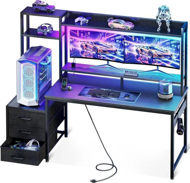 Main image of 55 Inch Gaming Desk with Hutch & LED Lights & PC Tower Stand | Reversible PC Desk with 3 Fabric Drawers & Power Outlets, Computer Desk with Shelves for Display, Carbon Fiber Black