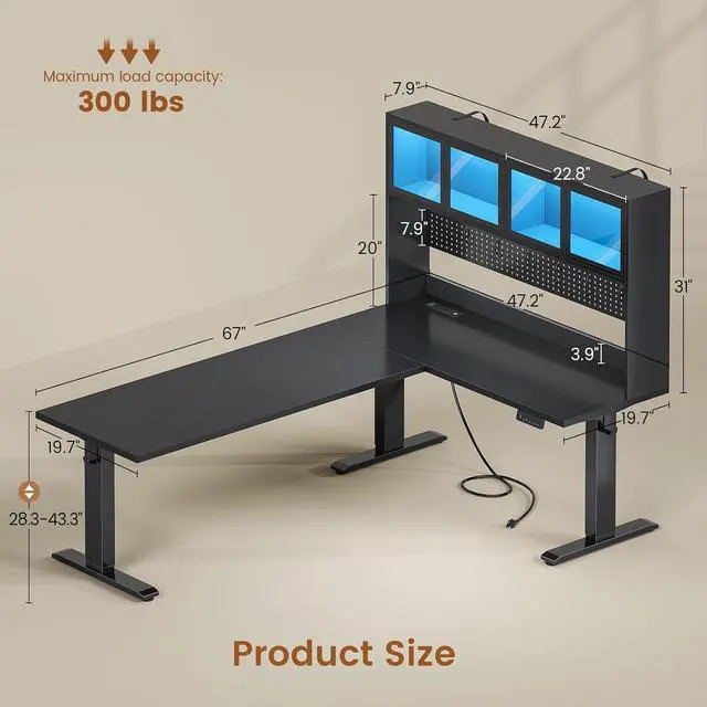 Alt view image 2 of 7 - 67" Standing L Shaped Gaming Desk, Office Computer Desk with Storage Hutch, Stand Up Corner Desk with Pegboard & Led Lights for Home Office, Black