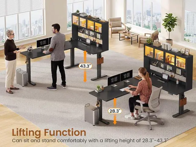 Alt view image 6 of 7 - 67" Standing L Shaped Gaming Desk, Office Computer Desk with Storage Hutch, Stand Up Corner Desk with Pegboard & Led Lights for Home Office, Black