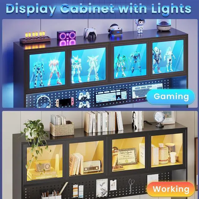 Alt view image 4 of 7 - 67" Standing L Shaped Gaming Desk, Office Computer Desk with Storage Hutch, Stand Up Corner Desk with Pegboard & Led Lights for Home Office, Black
