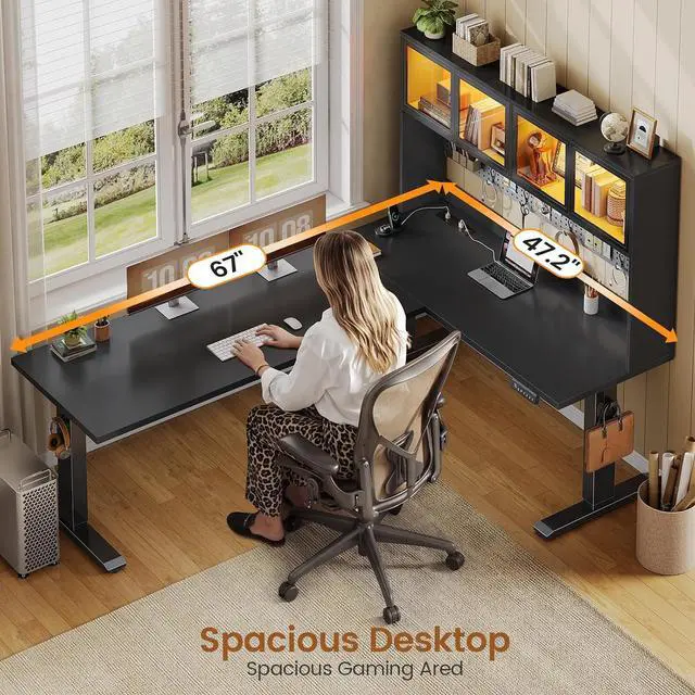 Alt view image 5 of 7 - 67" Standing L Shaped Gaming Desk, Office Computer Desk with Storage Hutch, Stand Up Corner Desk with Pegboard & Led Lights for Home Office, Black