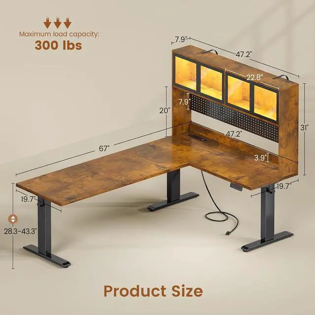 Alt view image 2 of 7 - 67" Standing L Shaped Gaming Desk, Office Computer Desk with Storage Hutch, Stand Up Corner Desk with Pegboard & Led Lights for Home Office, Rustic Brown