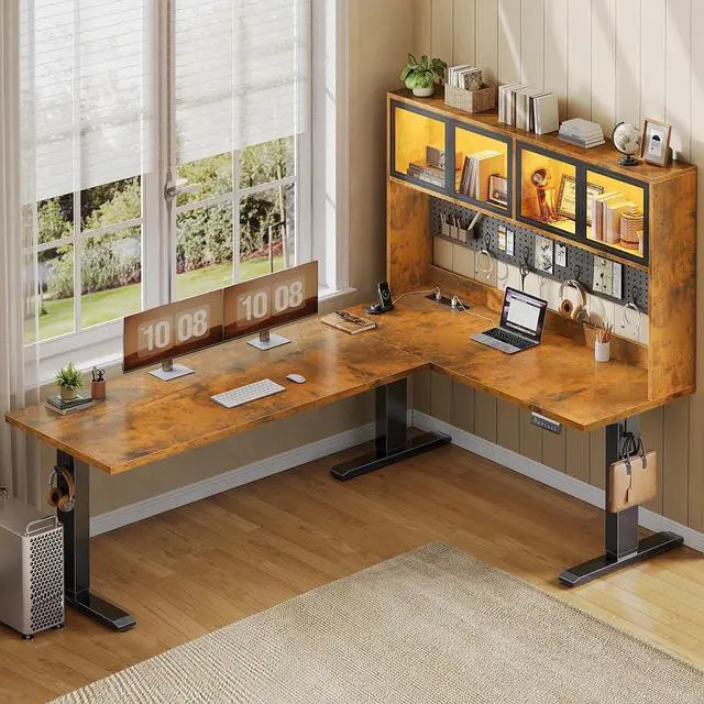 Main image of 67" Standing L Shaped Gaming Desk, Office Computer Desk with Storage Hutch, Stand Up Corner Desk with Pegboard & Led Lights for Home Office, Rustic Brown