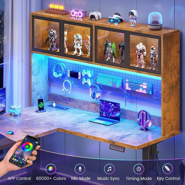 Alt view image 4 of 7 - 67" Standing L Shaped Gaming Desk, Office Computer Desk with Storage Hutch, Stand Up Corner Desk with Pegboard & Led Lights for Home Office, Rustic Brown