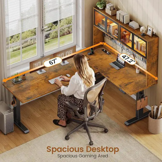 Alt view image 5 of 7 - 67" Standing L Shaped Gaming Desk, Office Computer Desk with Storage Hutch, Stand Up Corner Desk with Pegboard & Led Lights for Home Office, Rustic Brown