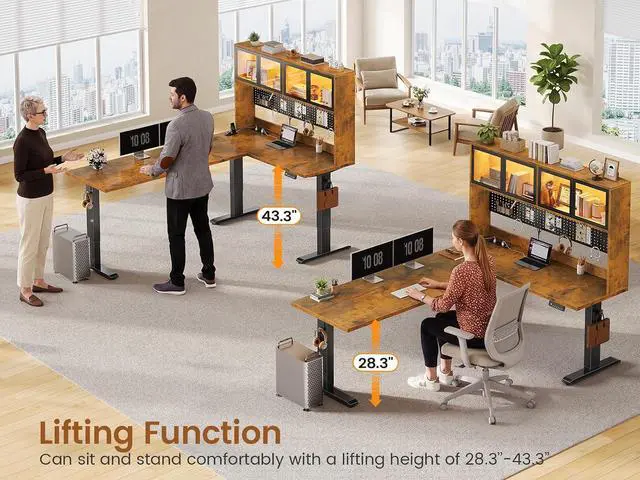 Alt view image 3 of 7 - 67" Standing L Shaped Gaming Desk, Office Computer Desk with Storage Hutch, Stand Up Corner Desk with Pegboard & Led Lights for Home Office, Rustic Brown