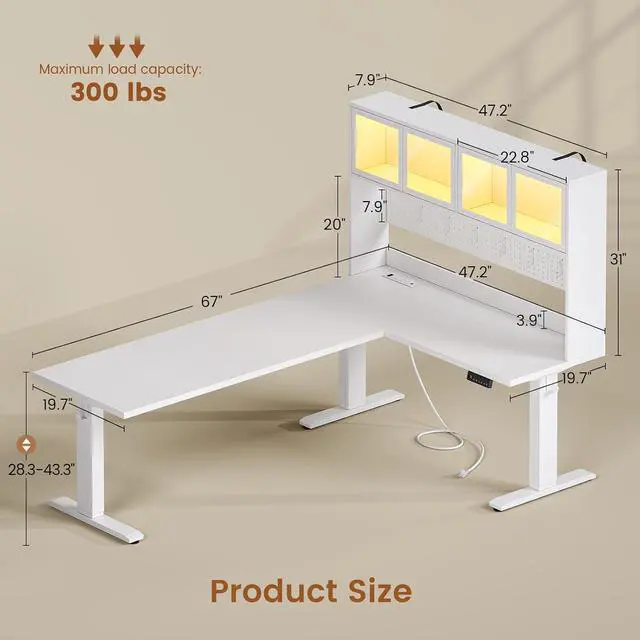 Alt view image 2 of 7 - 67" Standing L Shaped Gaming Desk, Office Computer Desk with Storage Hutch, Stand Up Corner Desk with Pegboard & Led Lights for Home Office, White