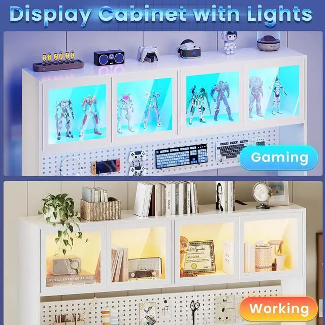 Alt view image 6 of 7 - 67" Standing L Shaped Gaming Desk, Office Computer Desk with Storage Hutch, Stand Up Corner Desk with Pegboard & Led Lights for Home Office, White