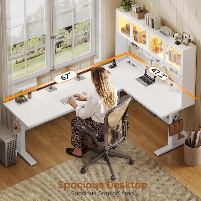 Alt view image 3 of 7 - 67" Standing L Shaped Gaming Desk, Office Computer Desk with Storage Hutch, Stand Up Corner Desk with Pegboard & Led Lights for Home Office, White
