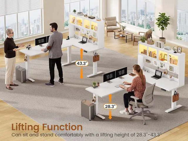 Alt view image 4 of 7 - 67" Standing L Shaped Gaming Desk, Office Computer Desk with Storage Hutch, Stand Up Corner Desk with Pegboard & Led Lights for Home Office, White