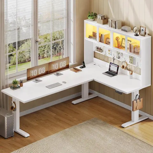 Main image of 67" Standing L Shaped Gaming Desk, Office Computer Desk with Storage Hutch, Stand Up Corner Desk with Pegboard & Led Lights for Home Office, White
