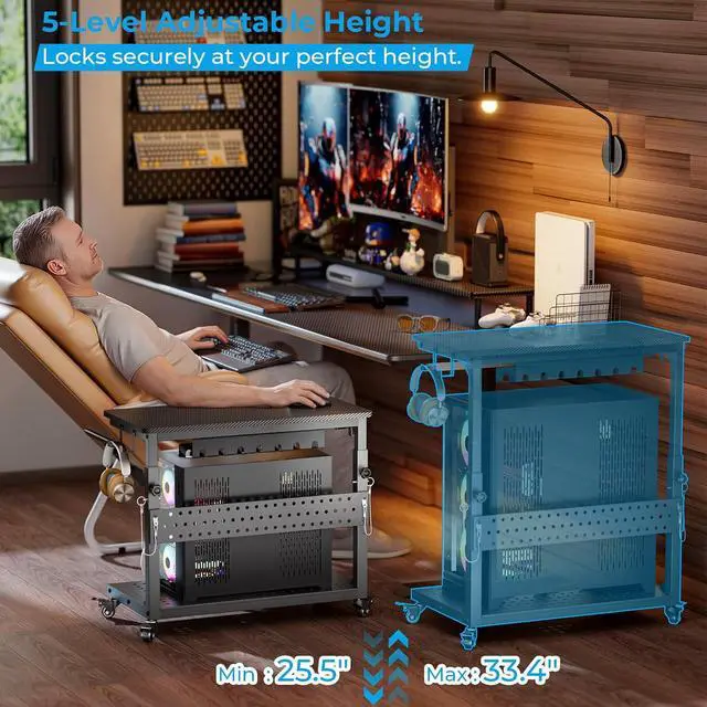 Alt view image 3 of 7 - Heavy Duty PC Stand, Gaming Computer Tower Cart with Wheels | Metal Frame Supports 150 Lbs Full-Tower, Steel Casters Smooth Rolling. Easy Height Adjustable. Industrial Carbon Fiber Black