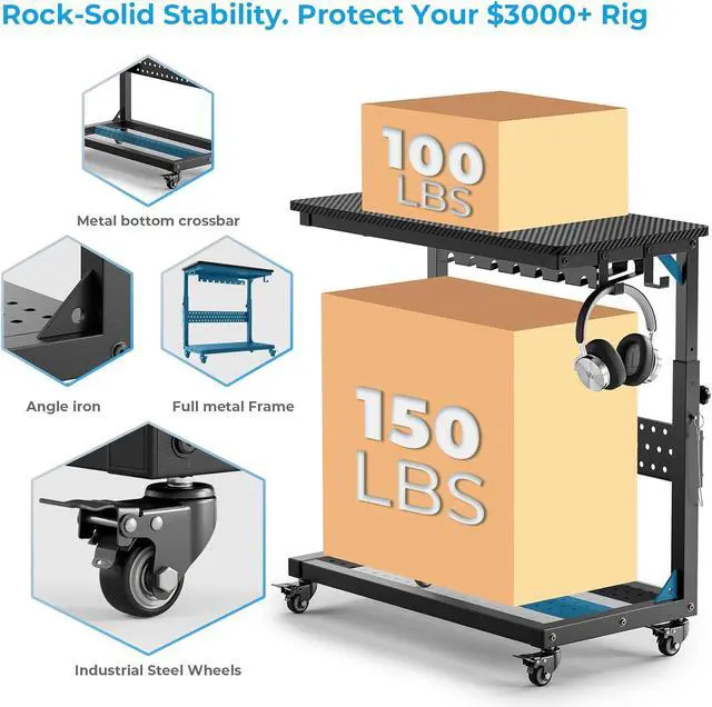 Alt view image 5 of 7 - Heavy Duty PC Stand, Gaming Computer Tower Cart with Wheels | Metal Frame Supports 150 Lbs Full-Tower, Steel Casters Smooth Rolling. Easy Height Adjustable. Industrial Carbon Fiber Black