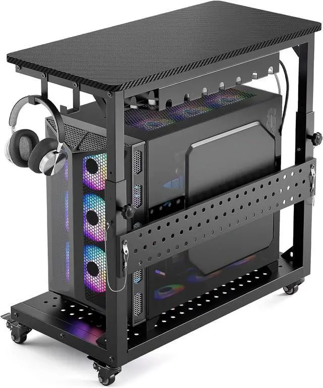Main image of Heavy Duty PC Stand, Gaming Computer Tower Cart with Wheels | Metal Frame Supports 150 Lbs Full-Tower, Steel Casters Smooth Rolling. Easy Height Adjustable. Industrial Carbon Fiber Black