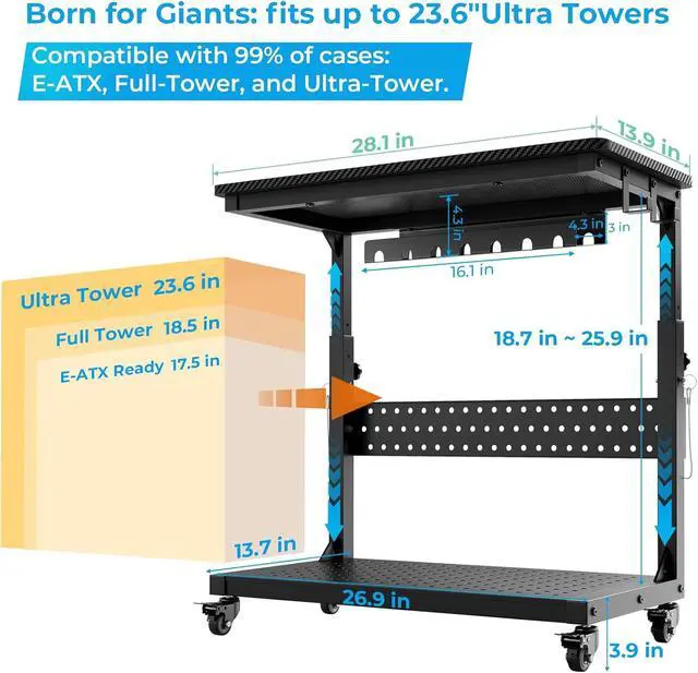 Alt view image 2 of 7 - Heavy Duty PC Stand, Gaming Computer Tower Cart with Wheels | Metal Frame Supports 150 Lbs Full-Tower, Steel Casters Smooth Rolling. Easy Height Adjustable. Industrial Carbon Fiber Black