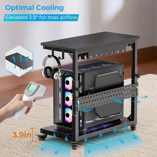 Alt view image 4 of 7 - Heavy Duty PC Stand, Gaming Computer Tower Cart with Wheels | Metal Frame Supports 150 Lbs Full-Tower, Steel Casters Smooth Rolling. Easy Height Adjustable. Industrial Carbon Fiber Black