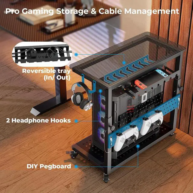 Alt view image 7 of 7 - Heavy Duty PC Stand, Gaming Computer Tower Cart with Wheels | Metal Frame Supports 150 Lbs Full-Tower, Steel Casters Smooth Rolling. Easy Height Adjustable. Industrial Carbon Fiber Black