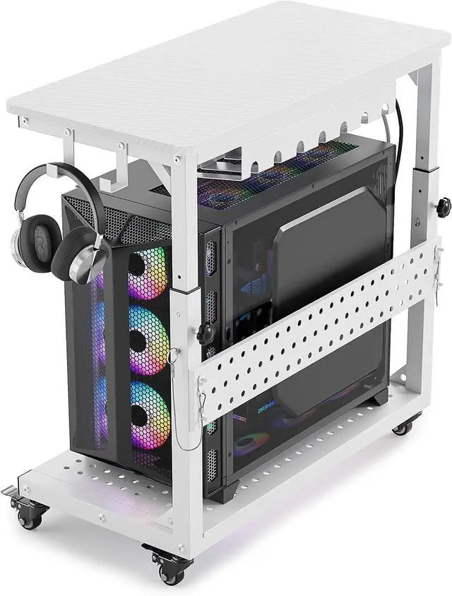 Main image of Heavy Duty PC Stand, Gaming Computer Tower Cart with Wheels | Metal Frame Supports 150 Lbs Full-Tower, Steel Casters Smooth Rolling. Easy Height Adjustable. Industrial Carbon Fiber White