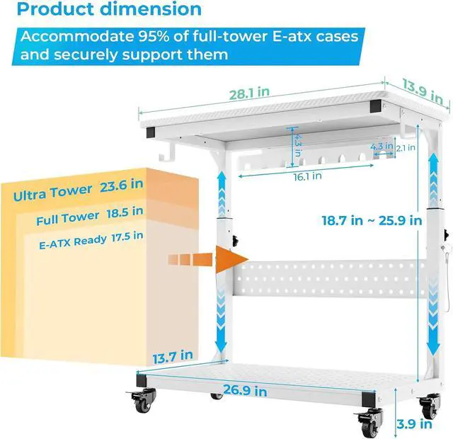 Alt view image 2 of 7 - Heavy Duty PC Stand, Gaming Computer Tower Cart with Wheels | Metal Frame Supports 150 Lbs Full-Tower, Steel Casters Smooth Rolling. Easy Height Adjustable. Industrial Carbon Fiber White