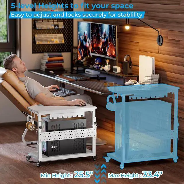 Alt view image 6 of 7 - Heavy Duty PC Stand, Gaming Computer Tower Cart with Wheels | Metal Frame Supports 150 Lbs Full-Tower, Steel Casters Smooth Rolling. Easy Height Adjustable. Industrial Carbon Fiber White