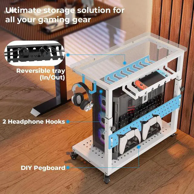 Alt view image 5 of 7 - Heavy Duty PC Stand, Gaming Computer Tower Cart with Wheels | Metal Frame Supports 150 Lbs Full-Tower, Steel Casters Smooth Rolling. Easy Height Adjustable. Industrial Carbon Fiber White
