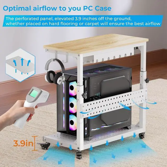 Alt view image 7 of 7 - Heavy Duty PC Stand, Gaming Computer Tower Cart with Wheels | Metal Frame Supports 150 Lbs Full-Tower, Steel Casters Smooth Rolling. Easy Height Adjustable. Industrial Carbon Fiber White