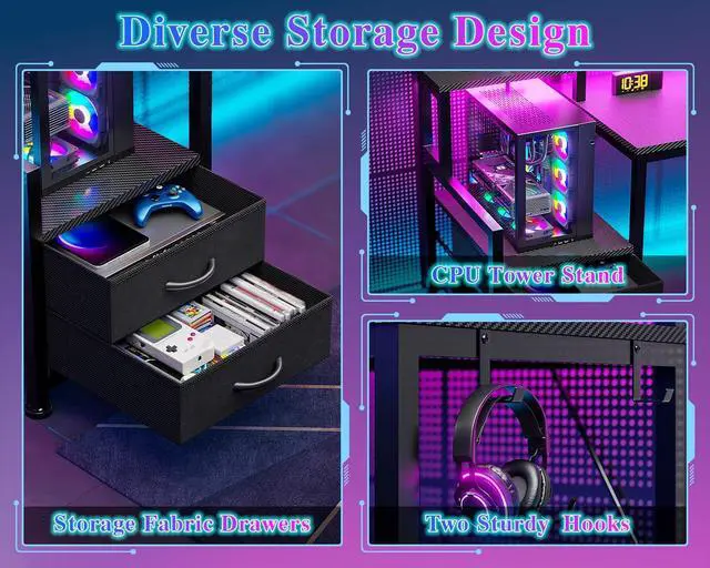 Alt view image 2 of 7 - 47" Gaming Desk with LED Lights & USB-C Port, Carbon Fiber Black | Reversible Computer Desk with 2 Fabric Drawers & Monitor Shelf, Storage Shelves, Hooks for Gaming Working Studying Dorm Table