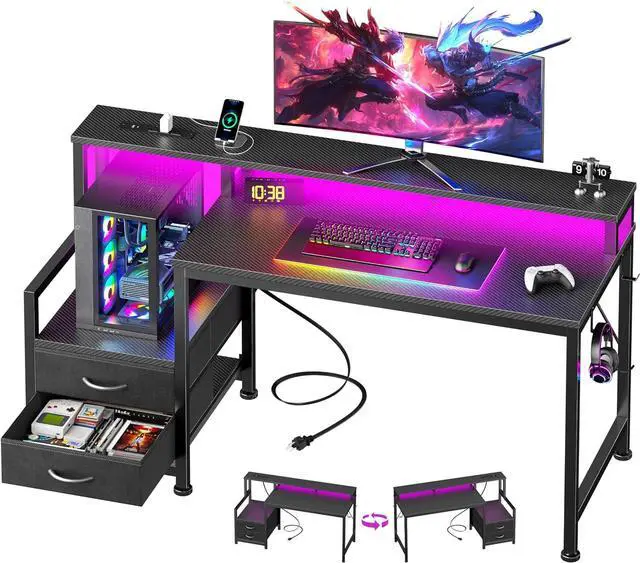 Main image of 47" Gaming Desk with LED Lights & USB-C Port, Carbon Fiber Black | Reversible Computer Desk with 2 Fabric Drawers & Monitor Shelf, Storage Shelves, Hooks for Gaming Working Studying Dorm Table