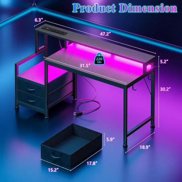 Alt view image 4 of 7 - 47" Gaming Desk with LED Lights & USB-C Port, Carbon Fiber Black | Reversible Computer Desk with 2 Fabric Drawers & Monitor Shelf, Storage Shelves, Hooks for Gaming Working Studying Dorm Table