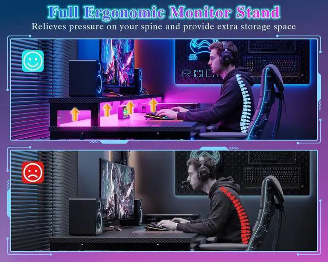 Alt view image 3 of 7 - 47" Gaming Desk with LED Lights & USB-C Port, Carbon Fiber Black | Reversible Computer Desk with 2 Fabric Drawers & Monitor Shelf, Storage Shelves, Hooks for Gaming Working Studying Dorm Table