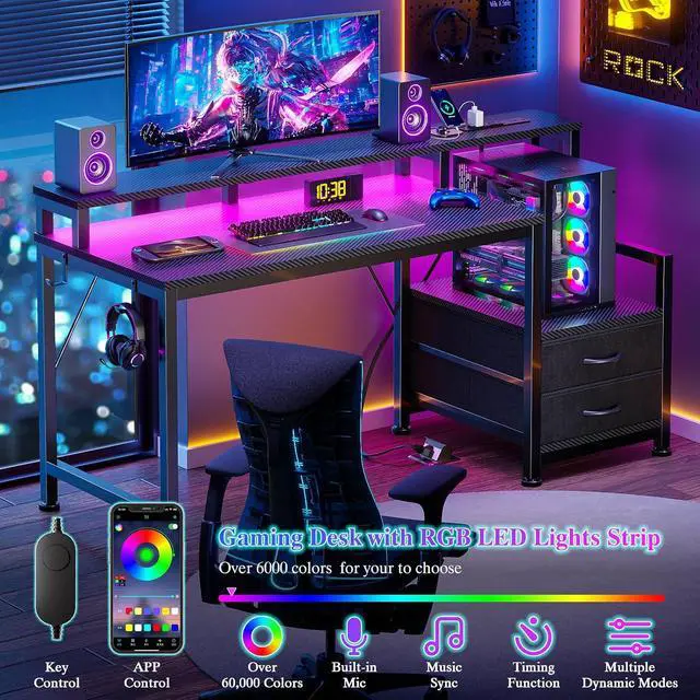 Alt view image 6 of 7 - 47" Gaming Desk with LED Lights & USB-C Port, Carbon Fiber Black | Reversible Computer Desk with 2 Fabric Drawers & Monitor Shelf, Storage Shelves, Hooks for Gaming Working Studying Dorm Table