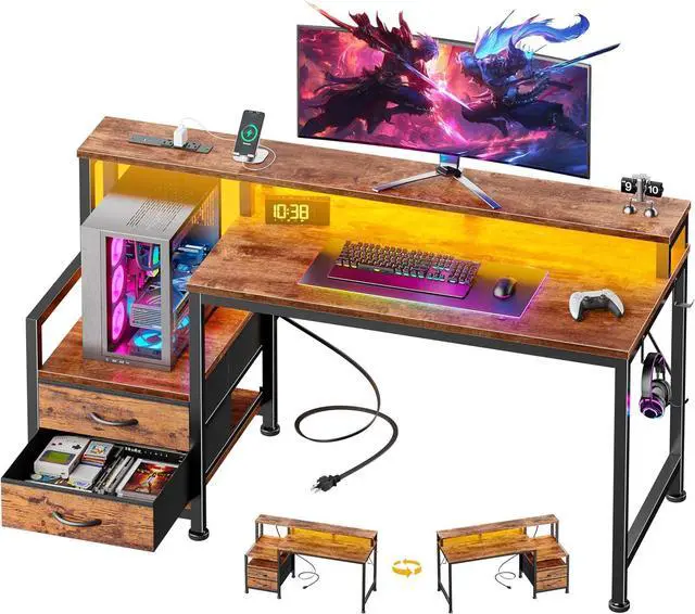 Main image of 47" Gaming Desk with LED Lights & 2 Fabric Drawers, Rustic Brown | Reversible Small Computer Office Desk, Power Outlet, Monitor Shelf, Storage Shelves, Hooks for Gamer Working Dorm Table