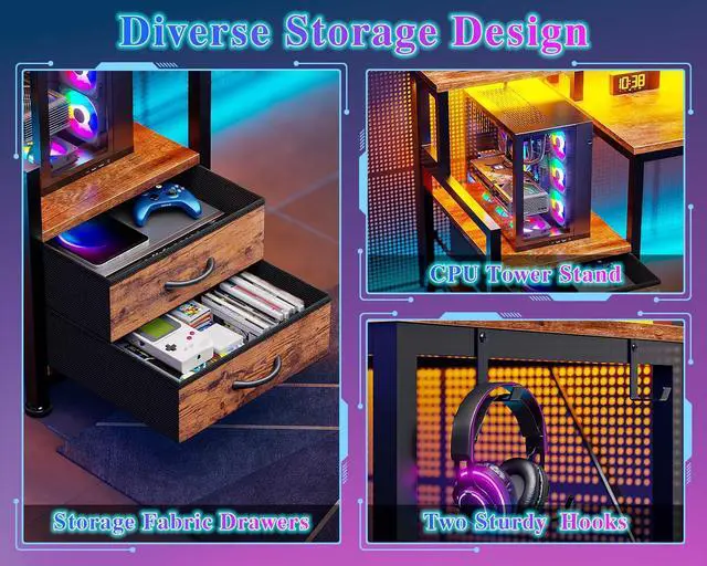 Alt view image 3 of 7 - 47" Gaming Desk with LED Lights & 2 Fabric Drawers, Rustic Brown | Reversible Small Computer Office Desk, Power Outlet, Monitor Shelf, Storage Shelves, Hooks for Gamer Working Dorm Table