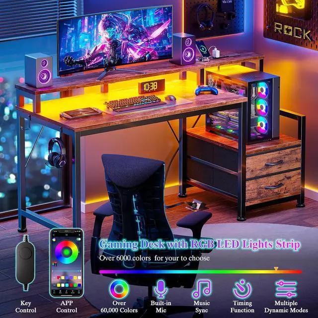 Alt view image 5 of 7 - 47" Gaming Desk with LED Lights & 2 Fabric Drawers, Rustic Brown | Reversible Small Computer Office Desk, Power Outlet, Monitor Shelf, Storage Shelves, Hooks for Gamer Working Dorm Table