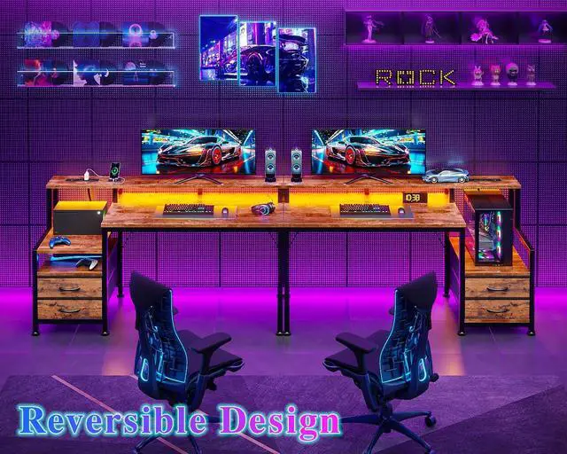 Alt view image 4 of 7 - 47" Gaming Desk with LED Lights & 2 Fabric Drawers, Rustic Brown | Reversible Small Computer Office Desk, Power Outlet, Monitor Shelf, Storage Shelves, Hooks for Gamer Working Dorm Table