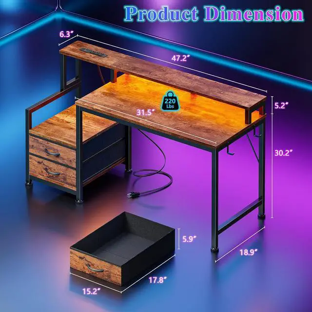 Alt view image 2 of 7 - 47" Gaming Desk with LED Lights & 2 Fabric Drawers, Rustic Brown | Reversible Small Computer Office Desk, Power Outlet, Monitor Shelf, Storage Shelves, Hooks for Gamer Working Dorm Table