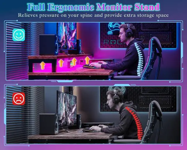 Alt view image 7 of 7 - 47" Gaming Desk with LED Lights & 2 Fabric Drawers, Rustic Brown | Reversible Small Computer Office Desk, Power Outlet, Monitor Shelf, Storage Shelves, Hooks for Gamer Working Dorm Table