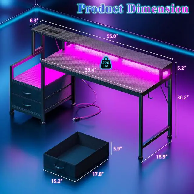 Alt view image 2 of 7 - 55" Gaming Desk with LED Lights & USB-C Port, Carbon Fiber Black | Reversible Large Computer Desk with 2 Fabric Drawers & Monitor Shelf, Storage Shelves, Hooks for Gamer Working Office Table