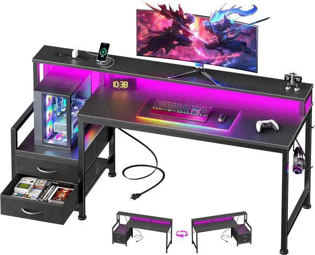 Main image of 55" Gaming Desk with LED Lights & USB-C Port, Carbon Fiber Black | Reversible Large Computer Desk with 2 Fabric Drawers & Monitor Shelf, Storage Shelves, Hooks for Gamer Working Office Table