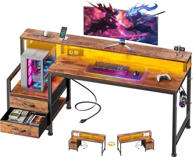 Main image of 55" Gaming Desk with LED Lights & 2 Fabric Drawers, Rustic Brown | Reversible Large Computer Office Desk with Power Outlet & Monitor Shelf, Storage Shelves, Hook for Gamer Working Office Table