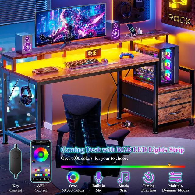 Alt view image 4 of 7 - 55" Gaming Desk with LED Lights & 2 Fabric Drawers, Rustic Brown | Reversible Large Computer Office Desk with Power Outlet & Monitor Shelf, Storage Shelves, Hook for Gamer Working Office Table