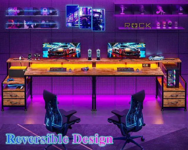 Alt view image 7 of 7 - 55" Gaming Desk with LED Lights & 2 Fabric Drawers, Rustic Brown | Reversible Large Computer Office Desk with Power Outlet & Monitor Shelf, Storage Shelves, Hook for Gamer Working Office Table