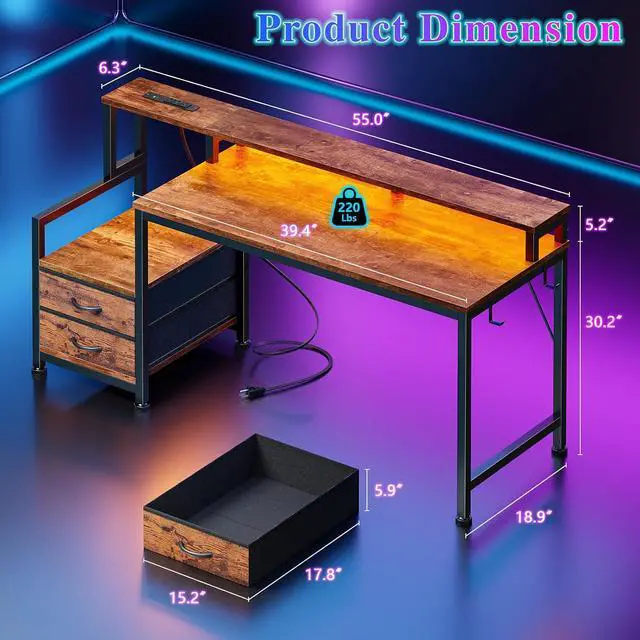 Alt view image 2 of 7 - 55" Gaming Desk with LED Lights & 2 Fabric Drawers, Rustic Brown | Reversible Large Computer Office Desk with Power Outlet & Monitor Shelf, Storage Shelves, Hook for Gamer Working Office Table