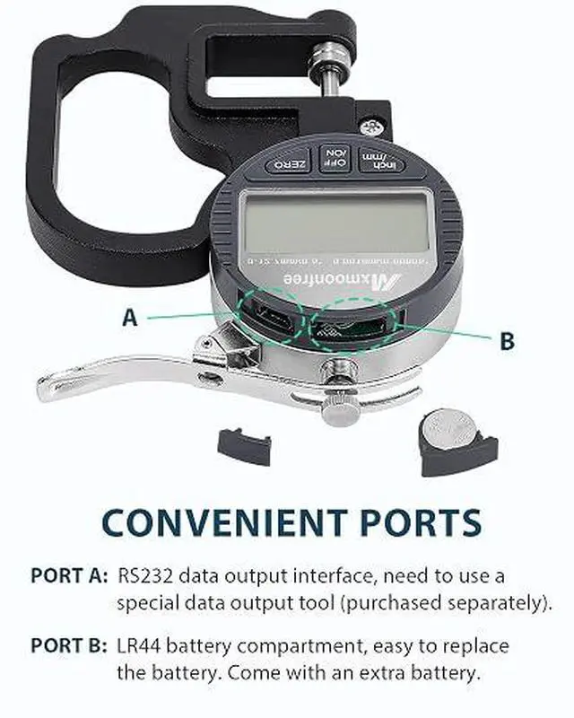 Alt view image 5 of 7 - Digital Thickness Gauge 0-12.7mm/0.5inch 0.001mm High Resolution | Micrometer flat contact plates, 28mm throat depth, constant spring tension, unit conversion, storage case, battery included