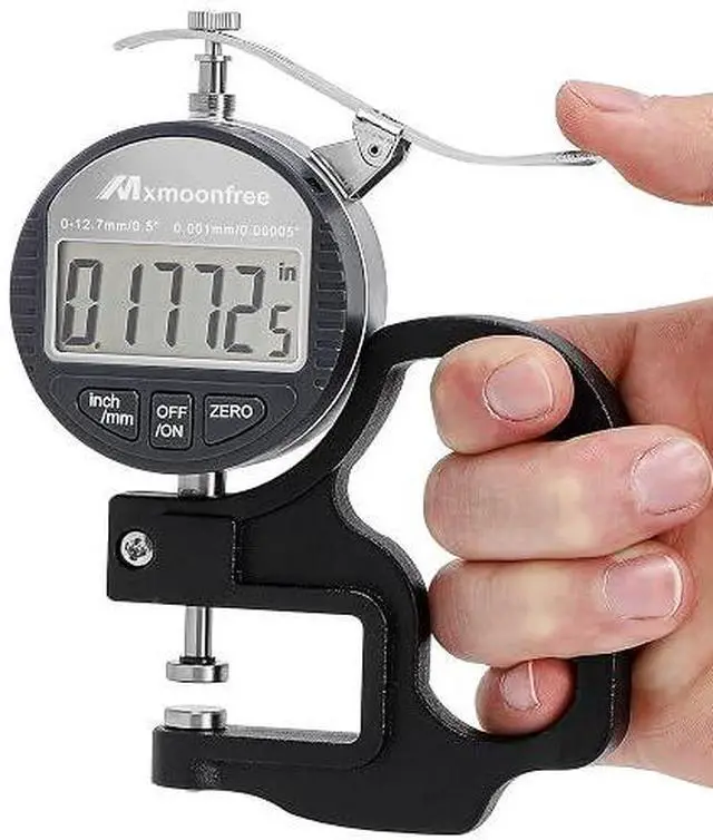 Main image of Digital Thickness Gauge 0-12.7mm/0.5inch 0.001mm High Resolution | Micrometer flat contact plates, 28mm throat depth, constant spring tension, unit conversion, storage case, battery included