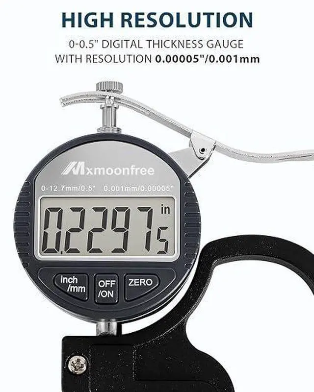 Alt view image 2 of 7 - Digital Thickness Gauge 0-12.7mm/0.5inch 0.001mm High Resolution | Micrometer flat contact plates, 28mm throat depth, constant spring tension, unit conversion, storage case, battery included