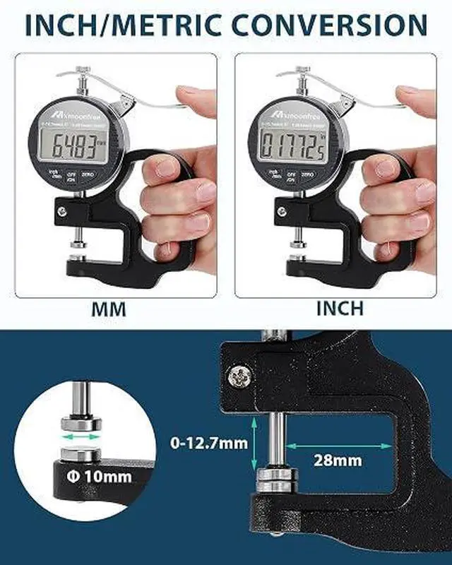 Alt view image 4 of 7 - Digital Thickness Gauge 0-12.7mm/0.5inch 0.001mm High Resolution | Micrometer flat contact plates, 28mm throat depth, constant spring tension, unit conversion, storage case, battery included