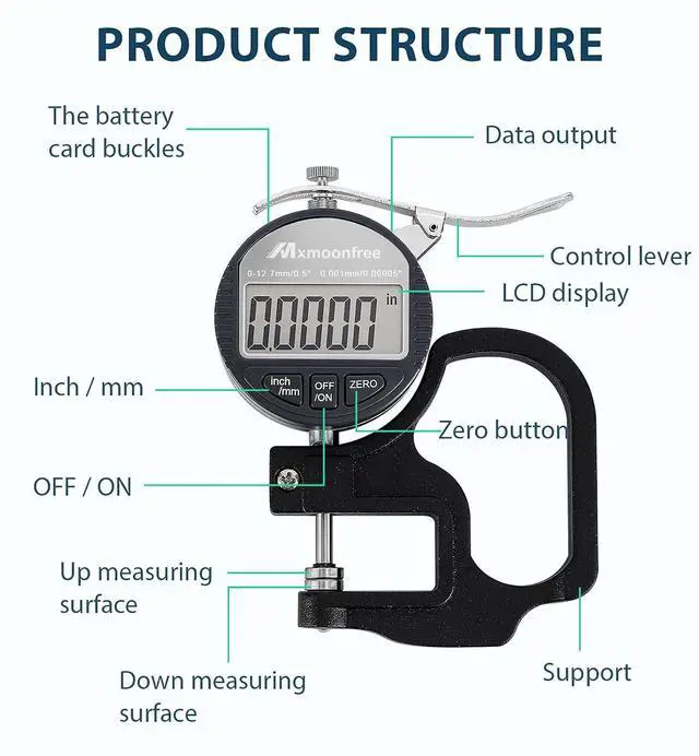 Alt view image 6 of 7 - Digital Thickness Gauge 0-12.7mm/0.5inch 0.001mm High Resolution | Micrometer flat contact plates, 28mm throat depth, constant spring tension, unit conversion, storage case, battery included